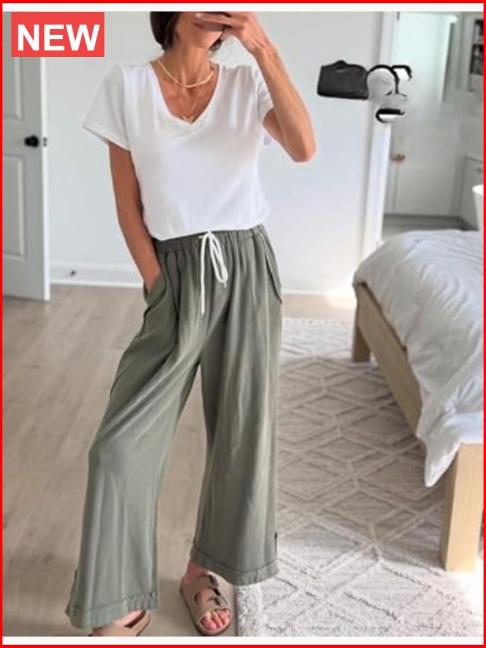 Wide Leg Palazzo Pants Elastic Waist Drawstring Lounge Trousers with Pockets - Picture 7 of 7